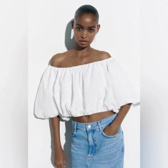 Zara Tops - ZARA - TRF Cotton Linen  Blend Balloon Sleeve Top